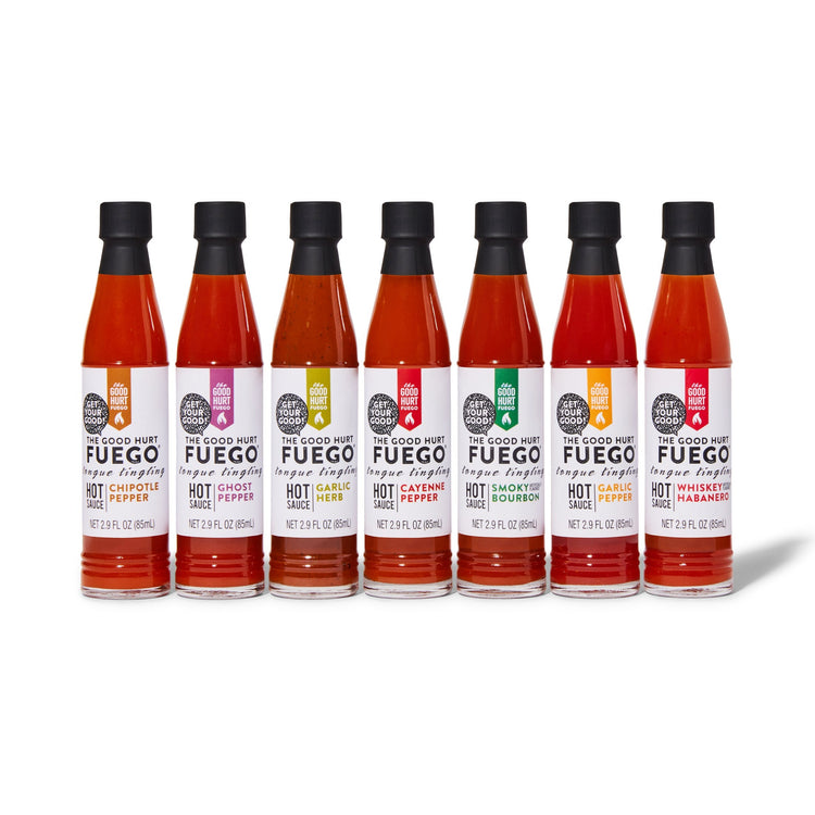 The Good Hurt Fuego Hot Sauce bottles