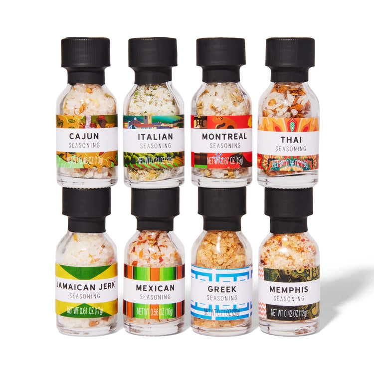 global spices in glass bottles