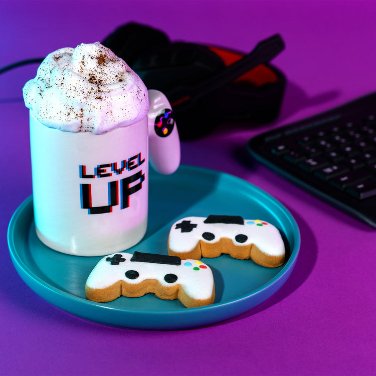gamer gifts for men, sugar cookies and hot chocolate