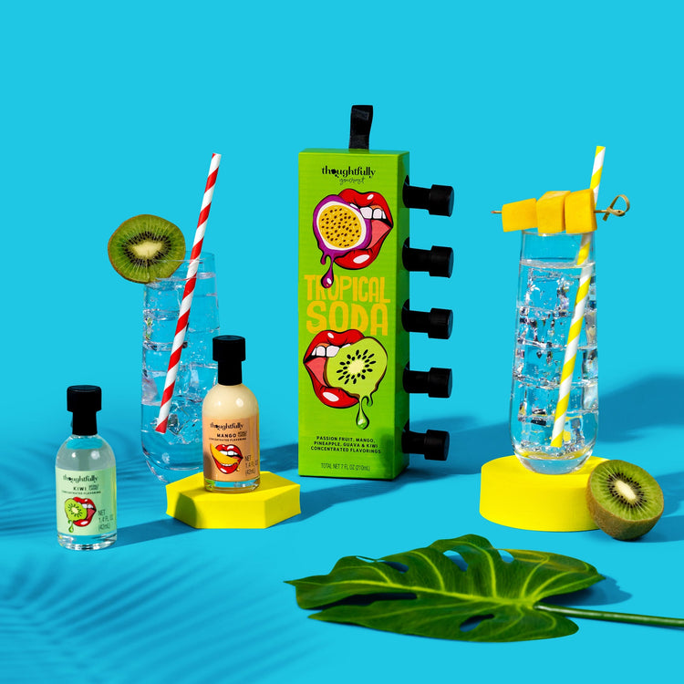 lifestyle photo of tropical soda water flavoring flavor drops