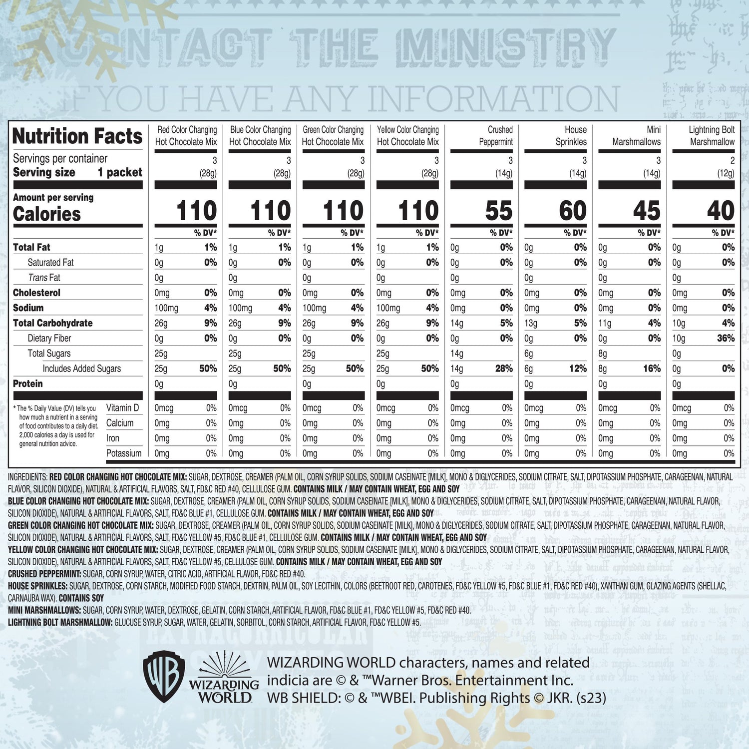 nutrition facts for harry potter hot chocolate advent calendar
